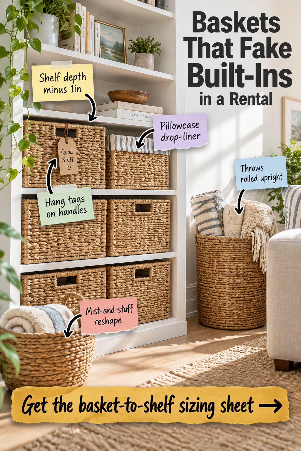How Baskets Fake Built-Ins in a Rental (Plus Sizing Sheet)