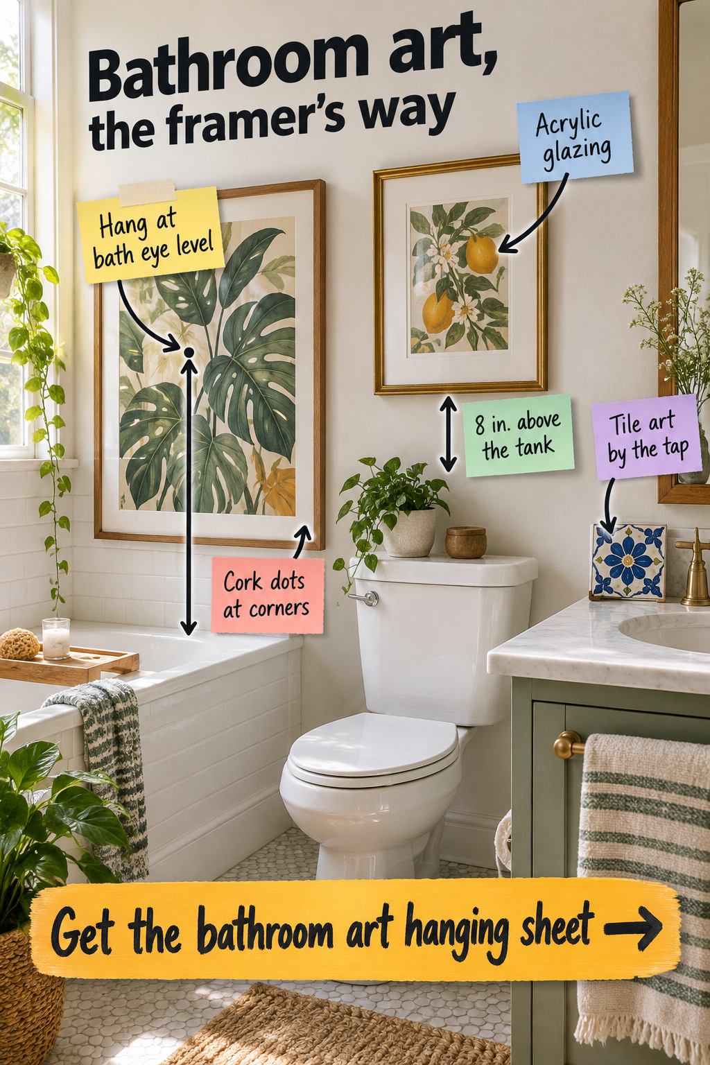 How to Hang Bathroom Art: Heights, Spacing & Framing Tips
