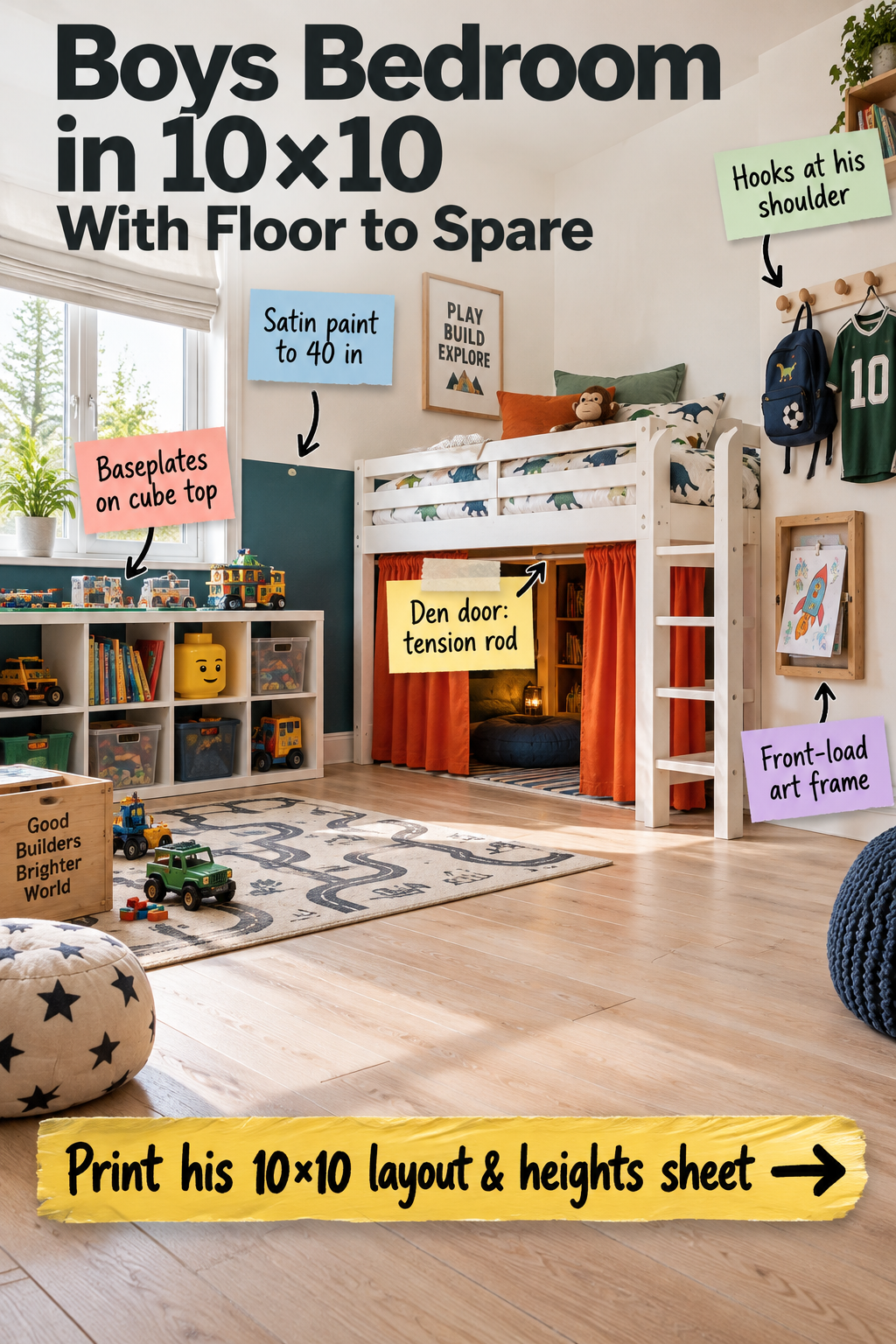10&times;10 Boys Bedroom Layout: Floor Plan & Heights Guide