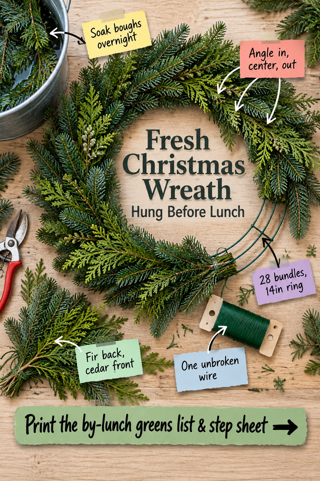 Make a Fresh Christmas Wreath Before Lunch: Greens List & Steps