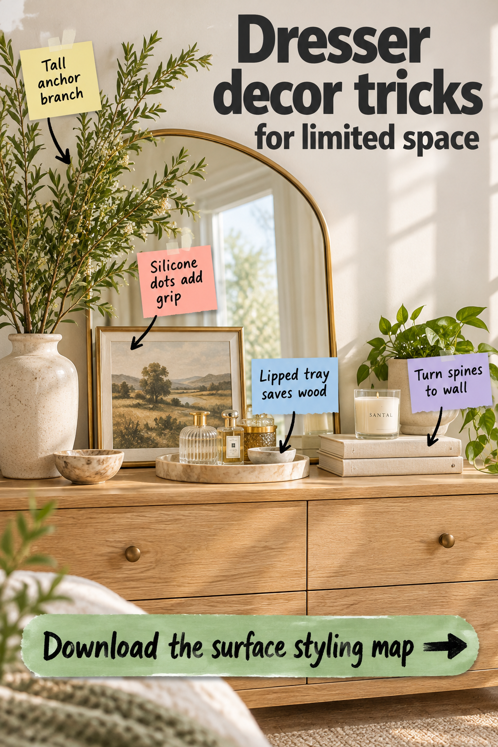 Dresser Decor Tricks for Limited Space (Free Styling Map)
