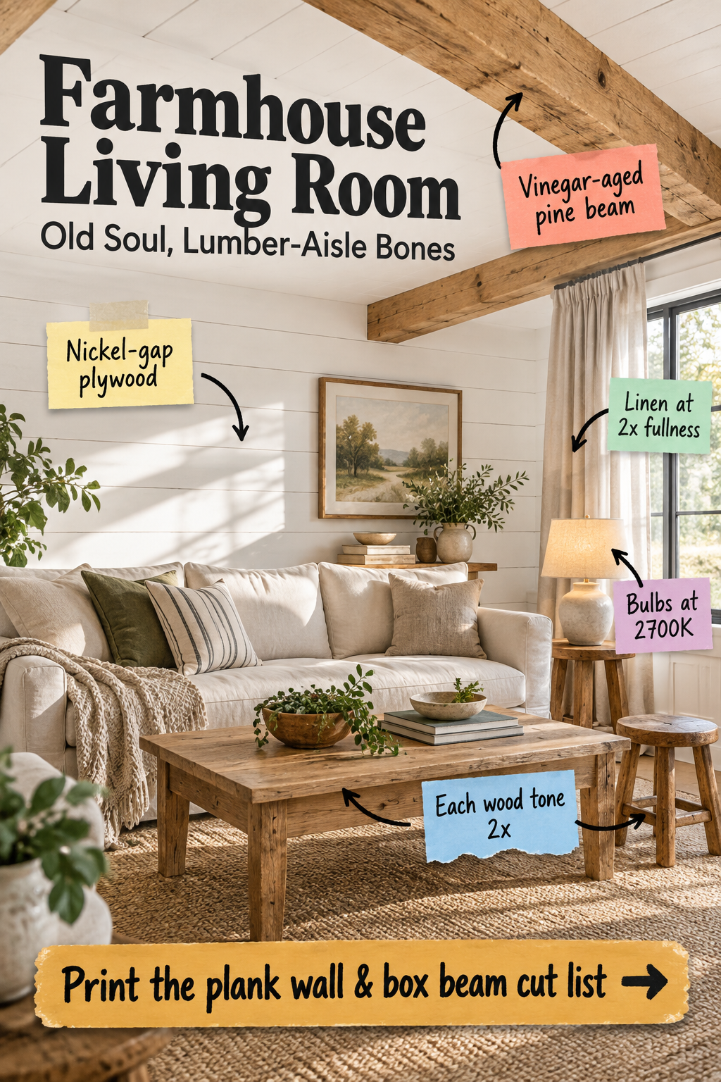 Farmhouse Living Room: Box Beam & Plank Wall Cut List