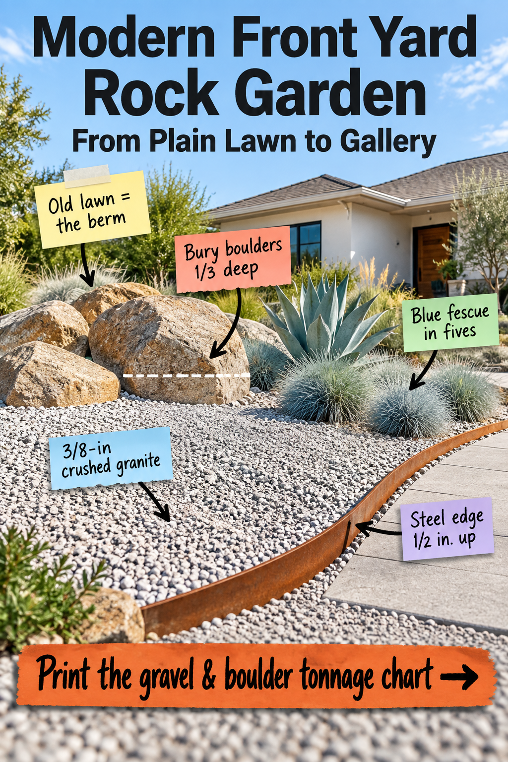 Modern Front Yard Rock Garden (Plus Stone Tonnage Chart)