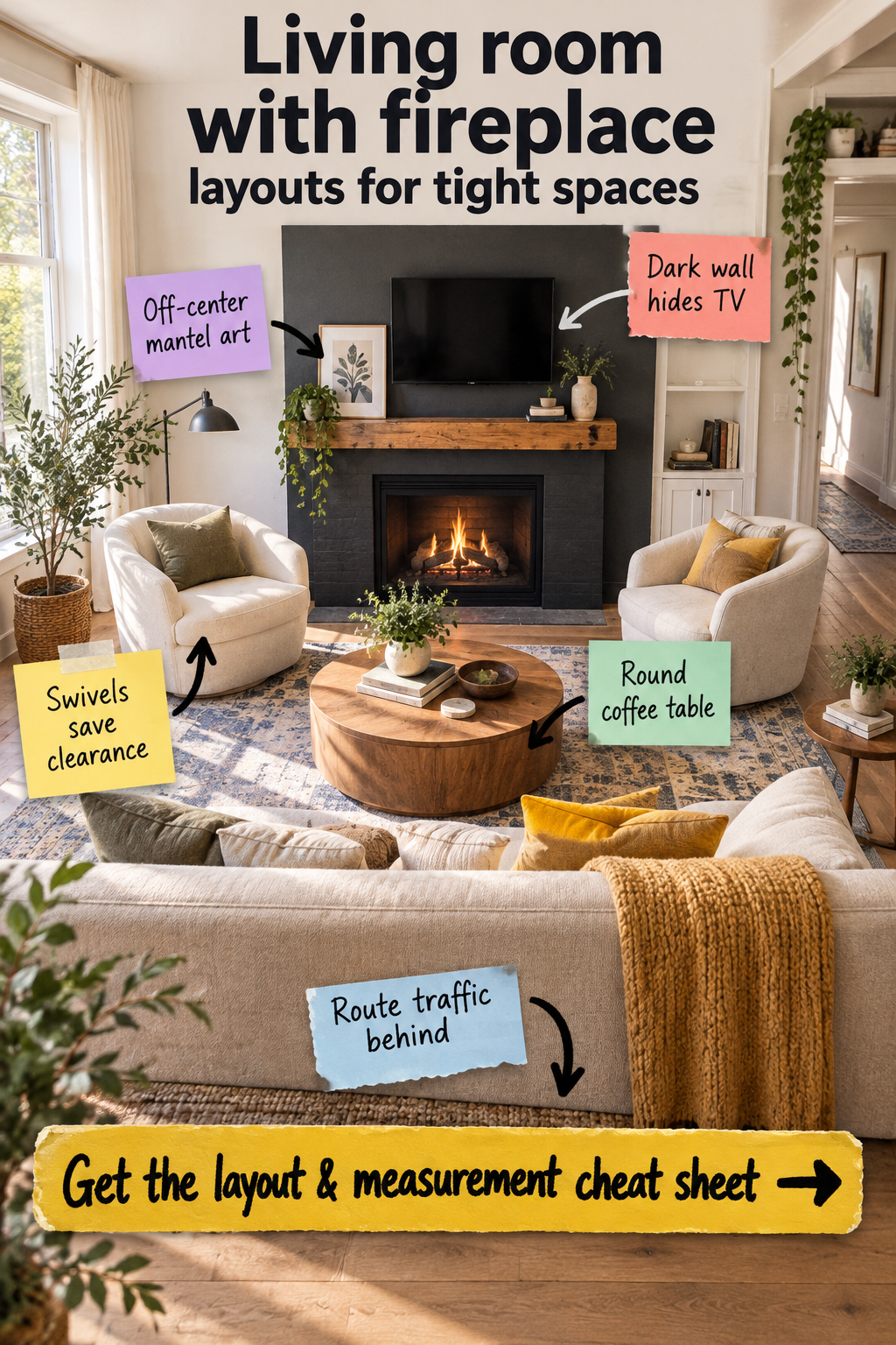 Small Living Room Fireplace Layouts & Measurement Cheat Sheet