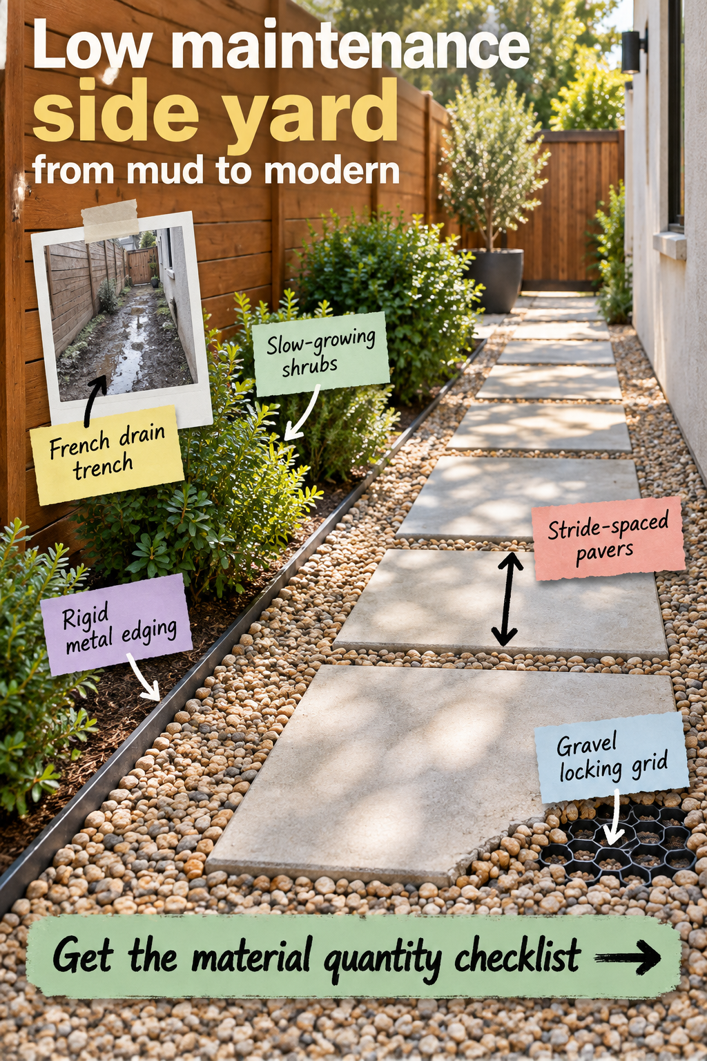 Low Maintenance Side Yard Plan with Material Checklist