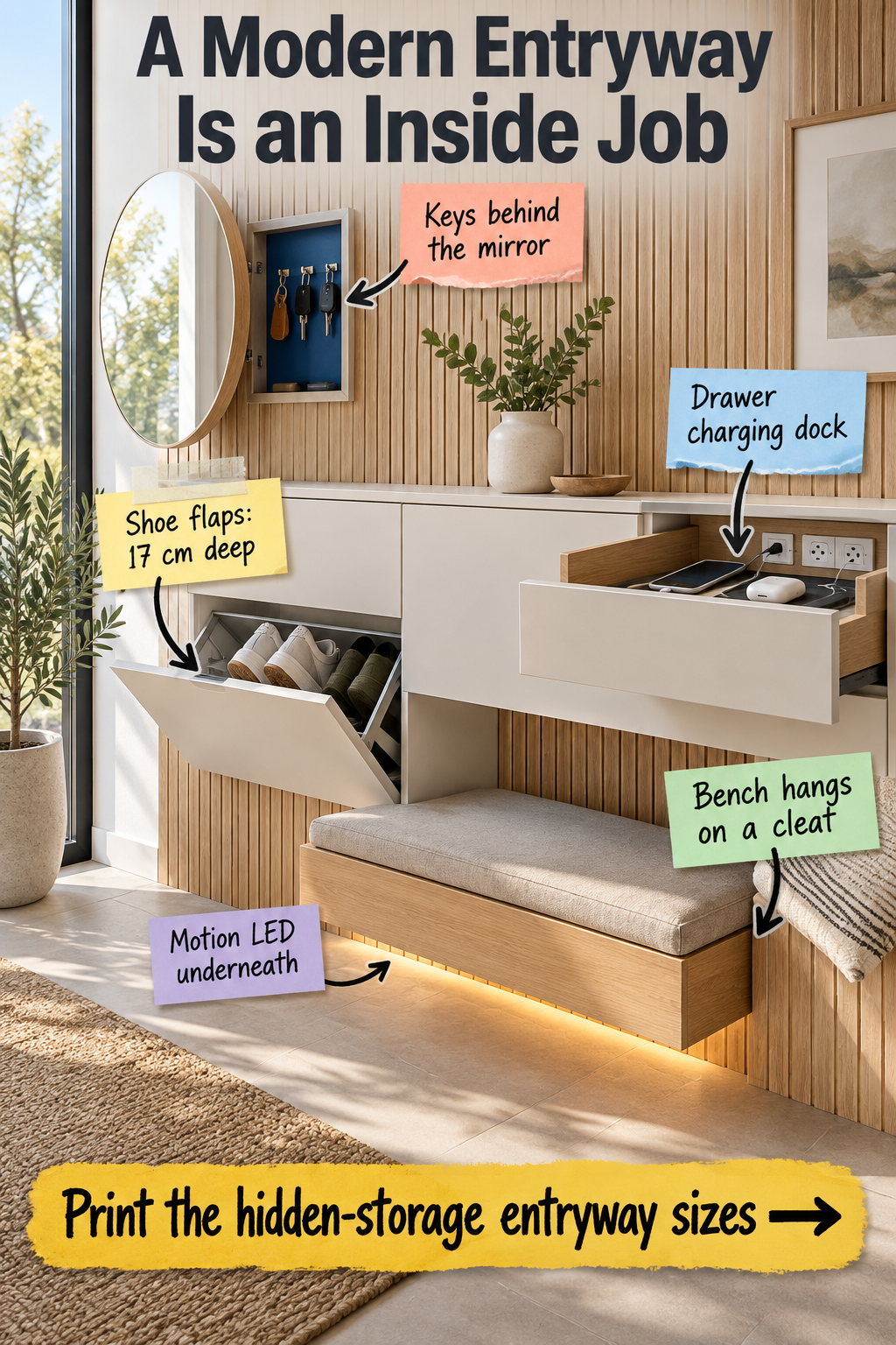 Hidden-Storage Entryway Plans & Printable Measurement Sheet