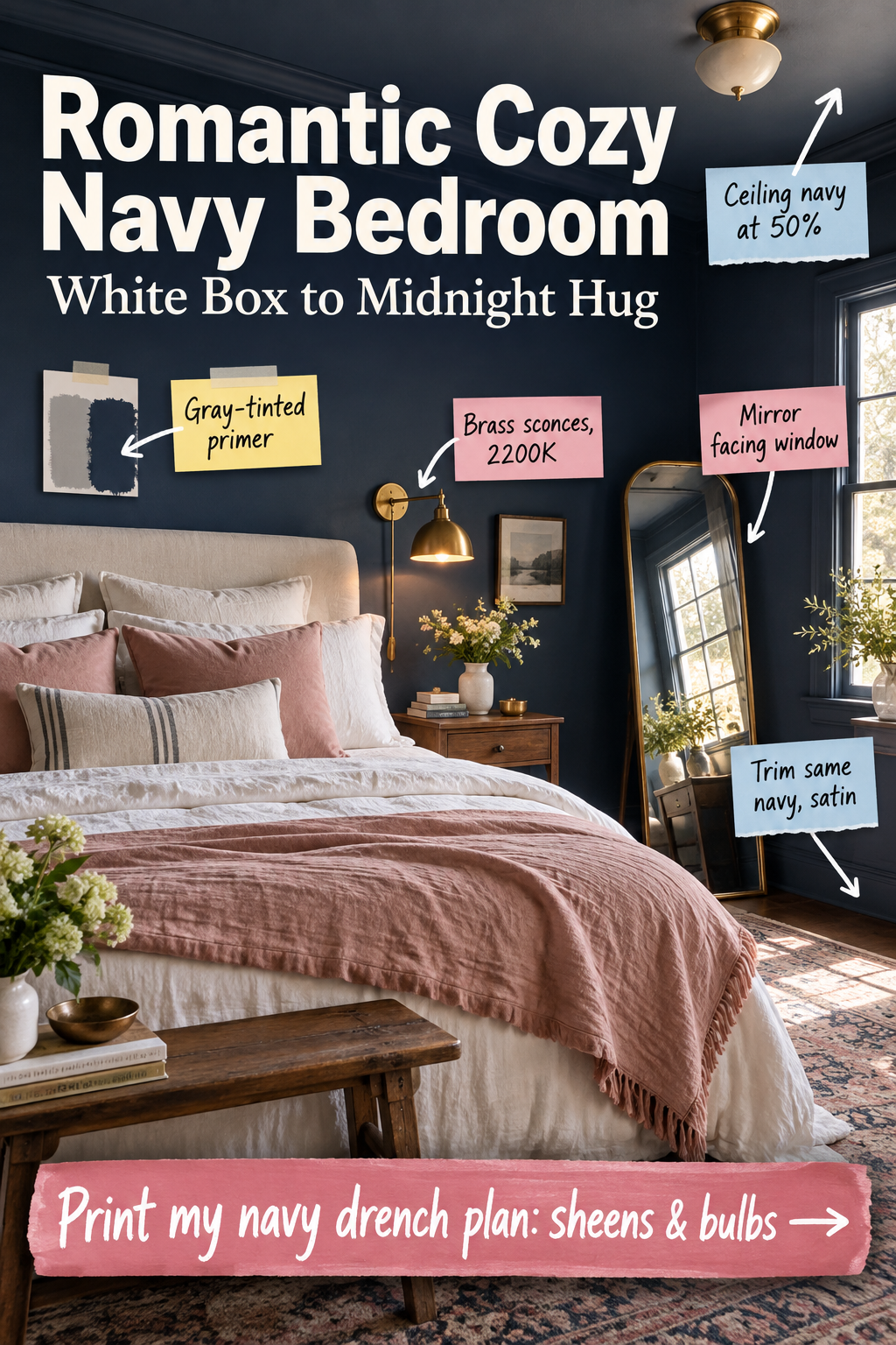 Romantic Cozy Navy Bedroom: The Complete Color Drench Plan
