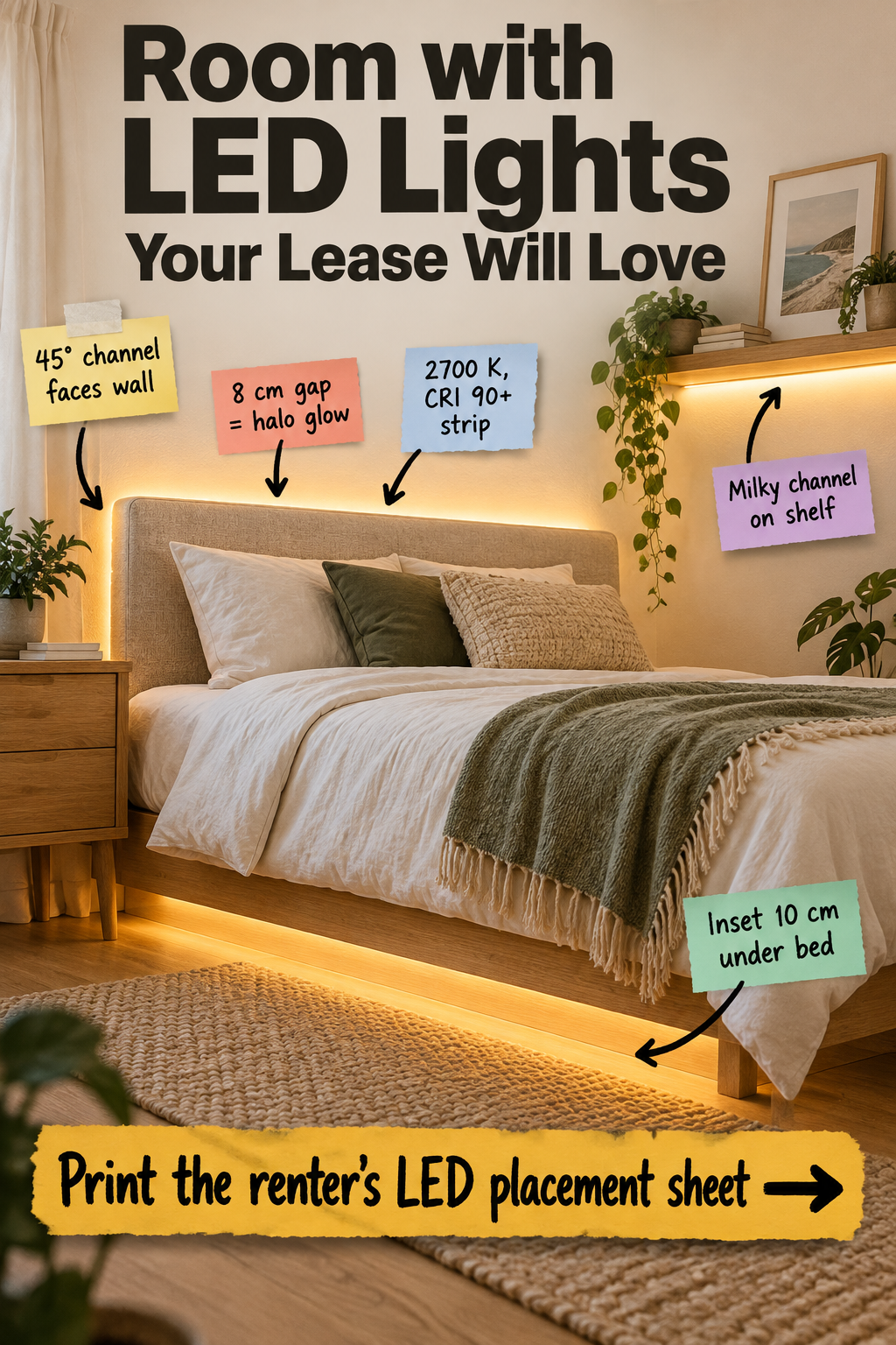 Renter-Friendly LED Bedroom Lighting & Printable Placement Sheet