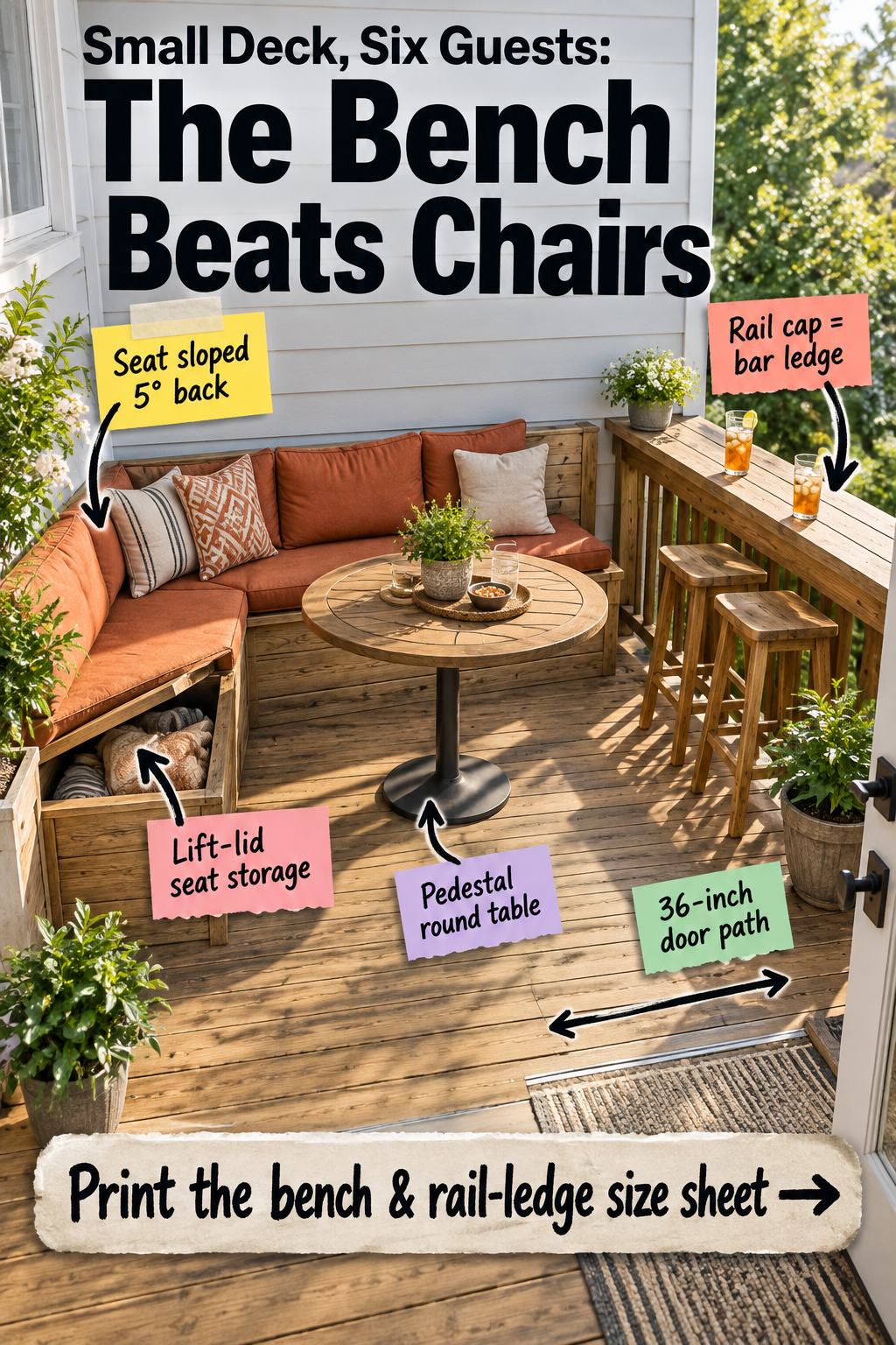 Small Deck Seating: The 10x10 Bench Layout & Size Sheet