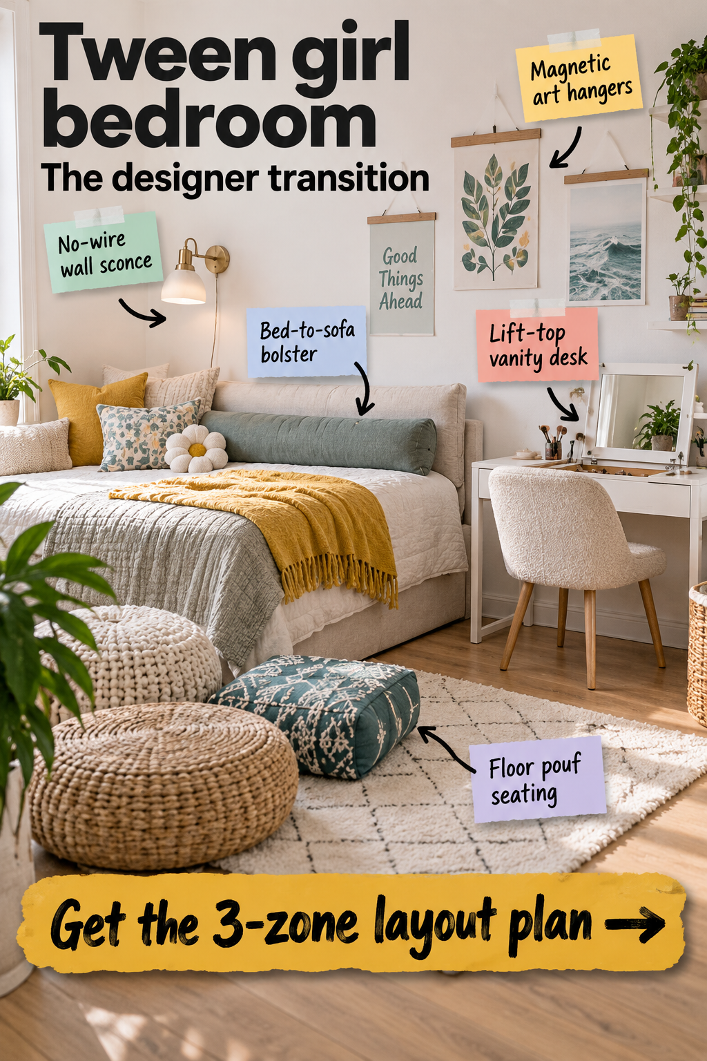 Designer Tween Girl Bedroom: The Complete 3-Zone Layout Plan