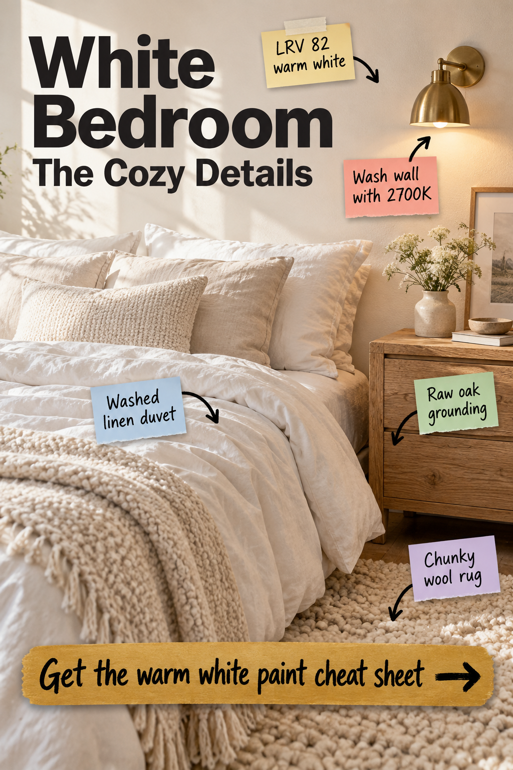 Cozy White Bedroom Guide & Warm White Paint Cheat Sheet