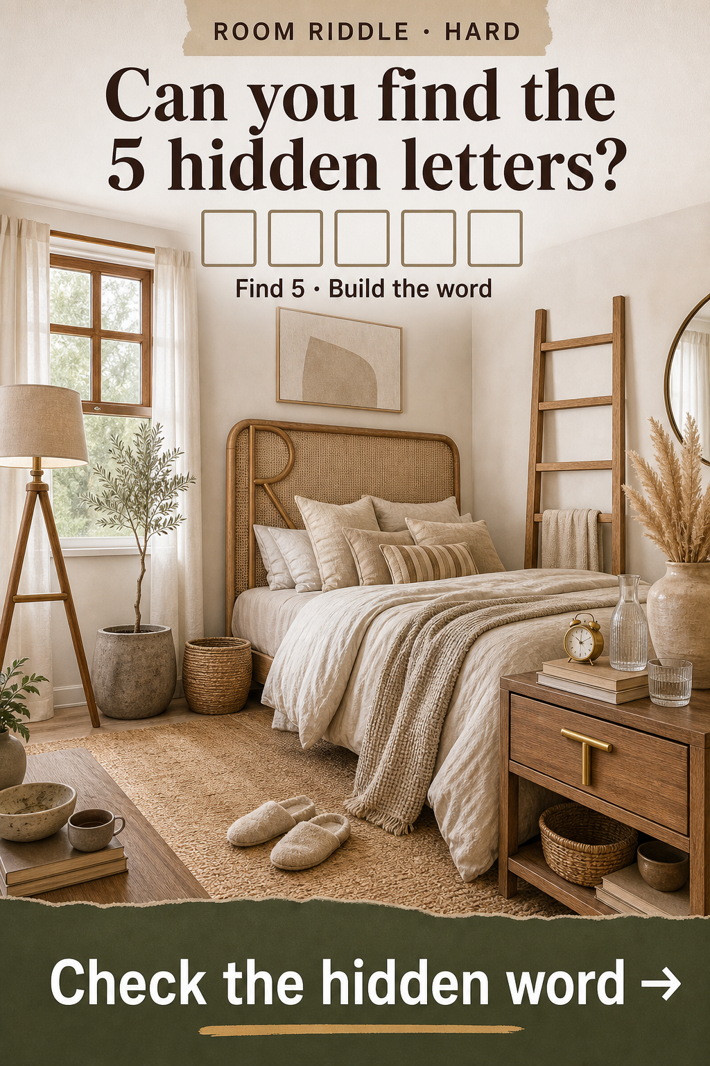 Pinterest pin for Neutral Bedroom Design: Master Wabi-Sabi Texture & Find the Hidden Word