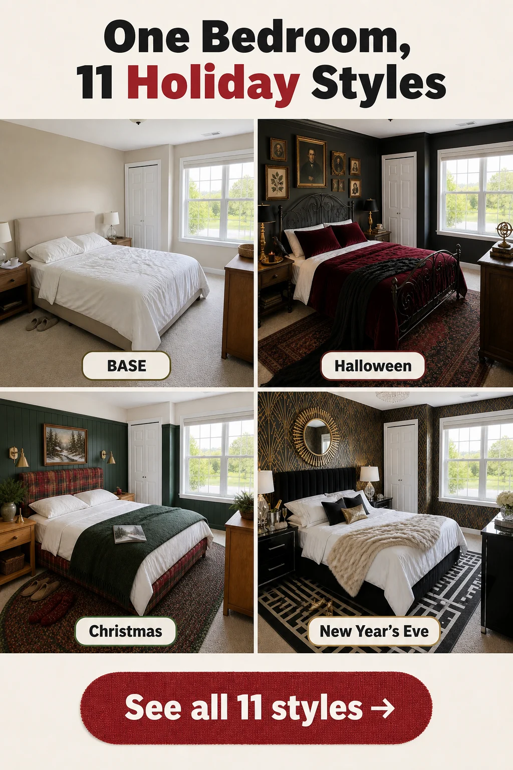 Pinterest pin for 11 Holiday Bedroom Styles: One Room Transformed 11 Ways