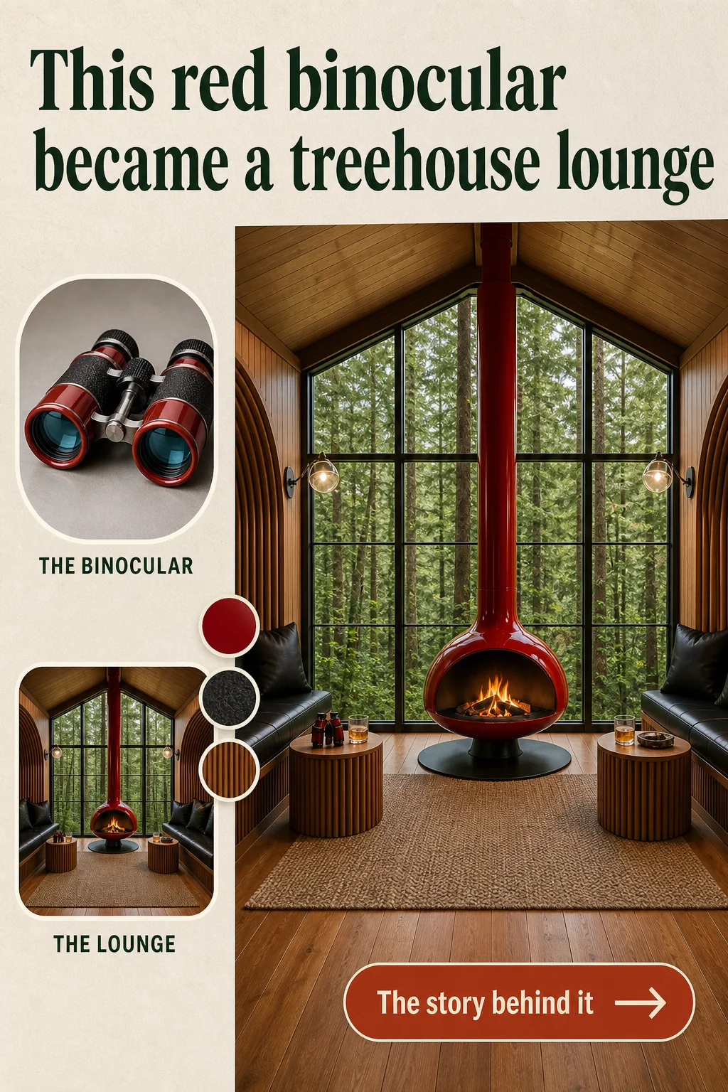 Pinterest pin for This Red Binocular Became a Treehouse Lounge